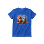 Un T-shirt royal à manches courtes et col rond pour jeune, orné d'un motif représentant un oiseau excentrique sur le devant.