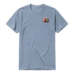 A steel-blue short-sleeve crewneck t-shirt for adult featuring a graphic of a quirky bird on the left chest.