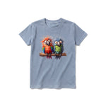 A steel-blue short-sleeve crewneck t-shirt for youth featuring a graphic of a quirky bird on the front.