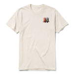 A vintage-white short-sleeve crewneck t-shirt for adult featuring a graphic of a quirky bird on the left chest.