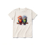 A vintage-white short-sleeve crewneck t-shirt for youth featuring a graphic of a quirky bird on the front.