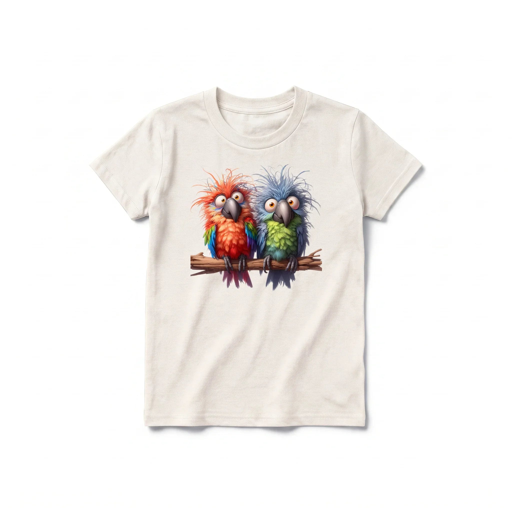 A vintage-white short-sleeve crewneck t-shirt for youth featuring a graphic of a quirky bird on the front.