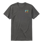 A charcoal short-sleeve crewneck t-shirt for adult featuring a graphic of a quirky bird on the left chest.