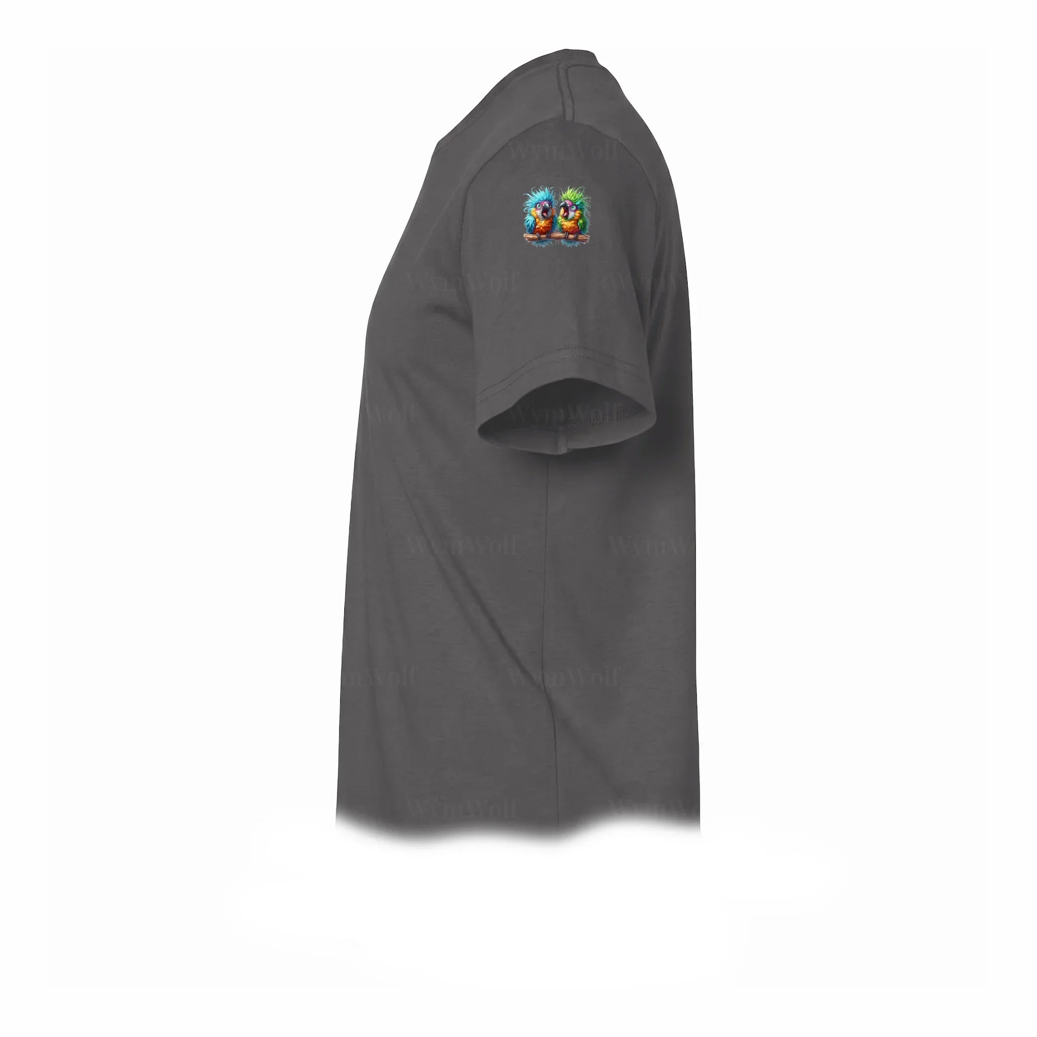A charcoal short-sleeve crewneck t-shirt  featuring a small graphic of a quirky bird on the upper left sleeve.