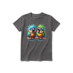 A charcoal short-sleeve crewneck t-shirt for youth featuring a graphic of a quirky bird on the front.