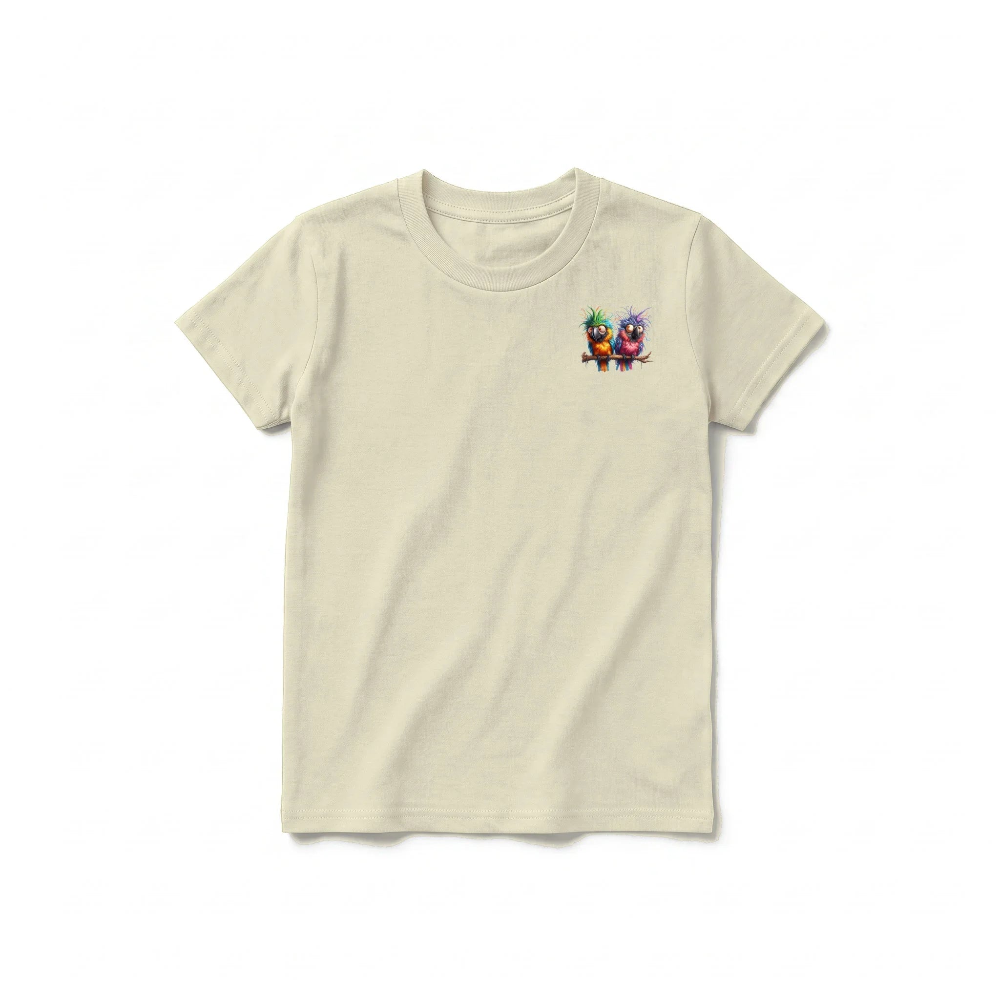 A latte short-sleeve crewneck t-shirt for youth featuring a graphic of a quirky bird on the left chest.