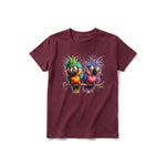 A maroon short-sleeve crewneck t-shirt for youth featuring a graphic of a quirky bird on the front.