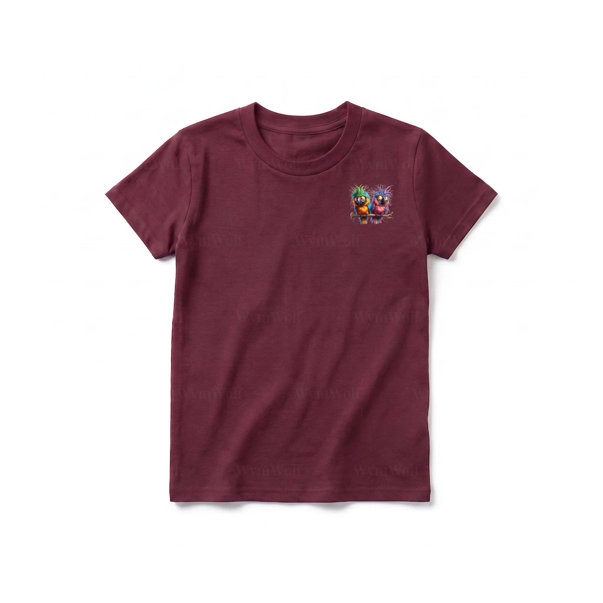A maroon short-sleeve crewneck t-shirt for youth featuring a graphic of a quirky bird on the left chest.