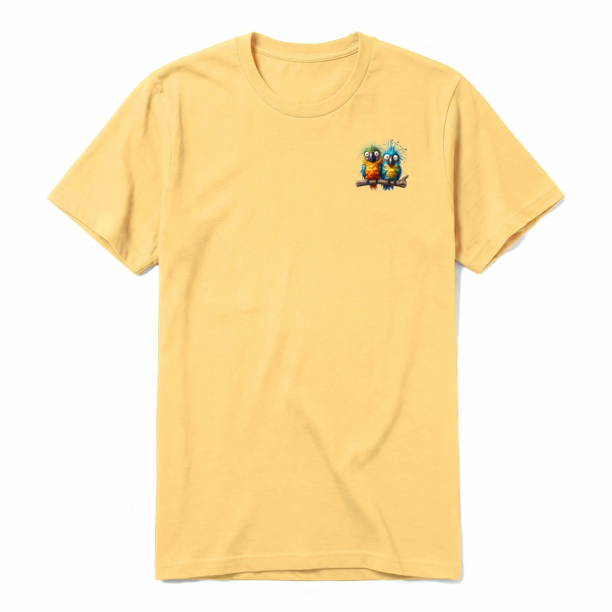 A mustard short-sleeve crewneck t-shirt for adult featuring a graphic of a quirky bird on the left chest.