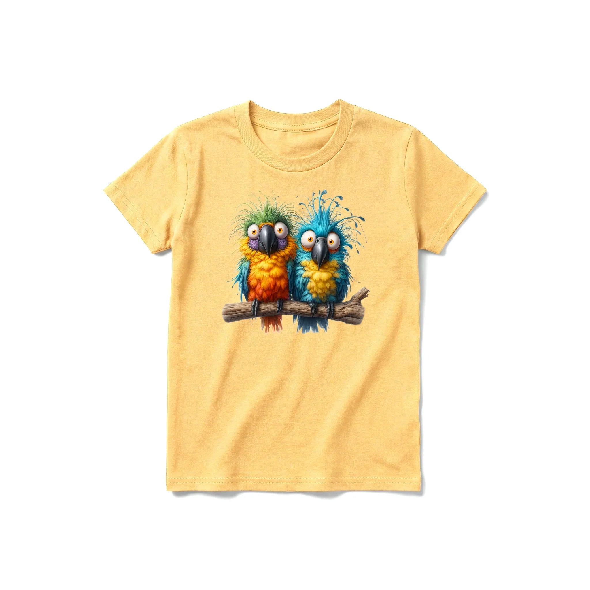 A mustard short-sleeve crewneck t-shirt for youth featuring a graphic of a quirky bird on the front.