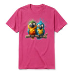 A raspberry short-sleeve crewneck t-shirt for adult featuring a graphic of a quirky bird on the front.