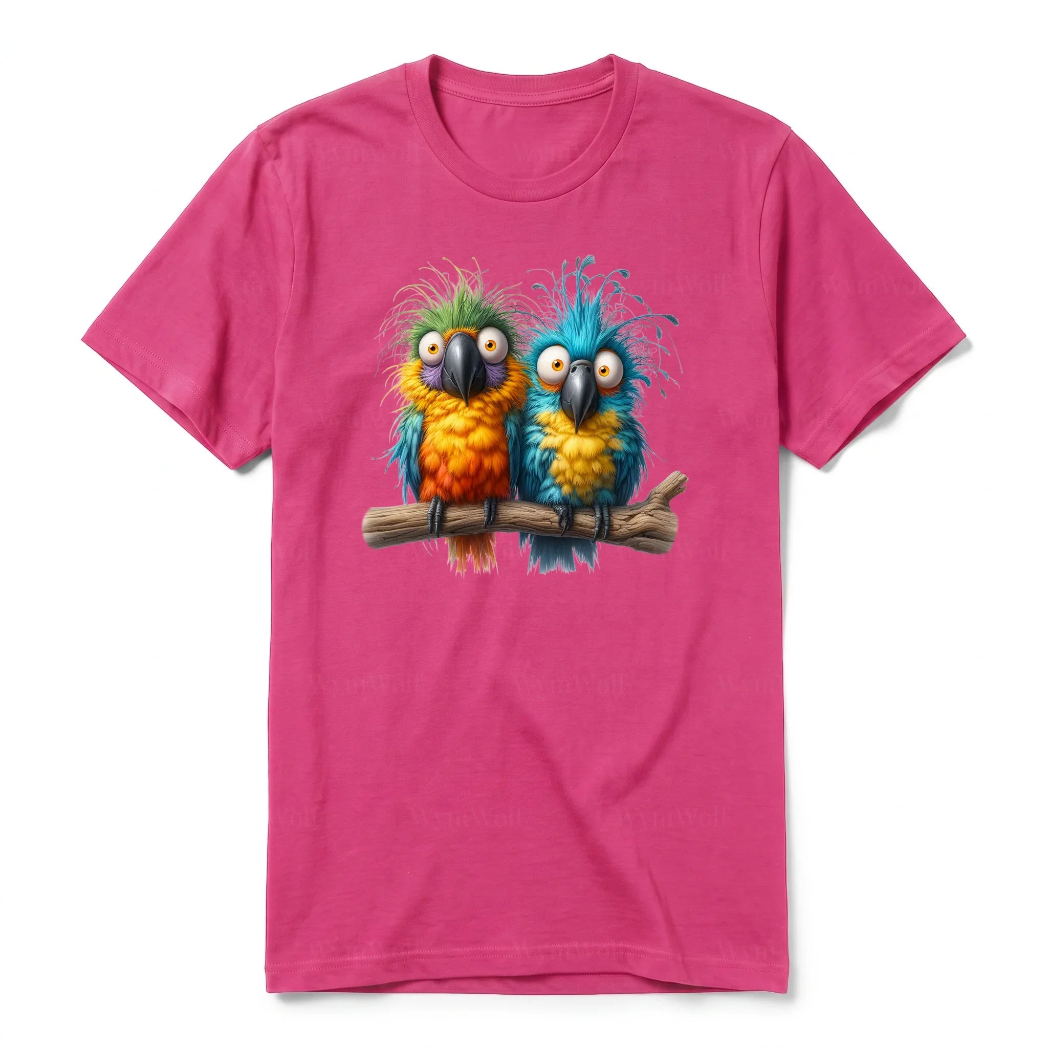 A raspberry short-sleeve crewneck t-shirt for adult featuring a graphic of a quirky bird on the front.