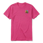 A raspberry short-sleeve crewneck t-shirt for adult featuring a graphic of a quirky bird on the left chest.