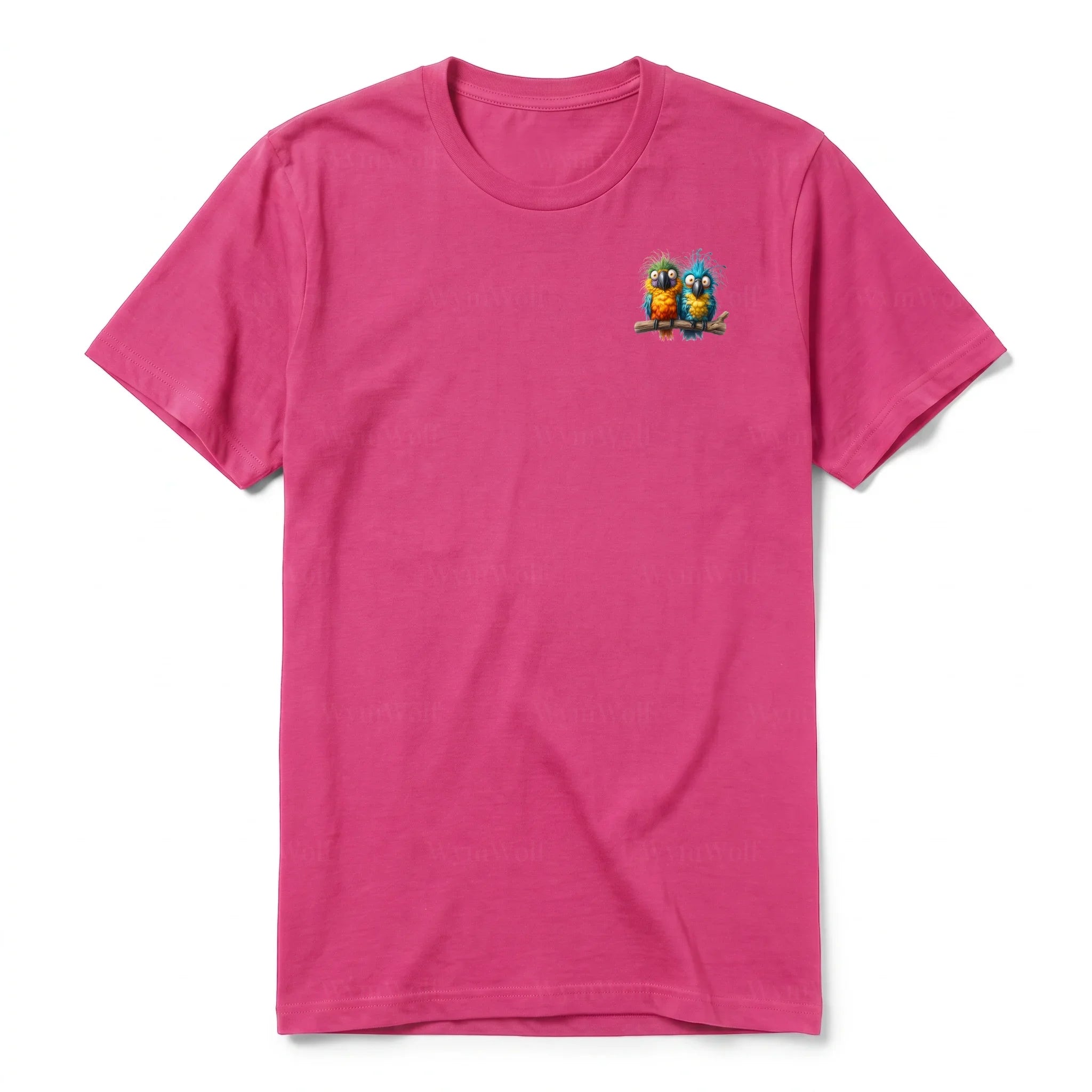 A raspberry short-sleeve crewneck t-shirt for adult featuring a graphic of a quirky bird on the left chest.
