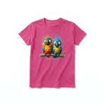 A raspberry short-sleeve crewneck t-shirt for youth featuring a graphic of a quirky bird on the front.