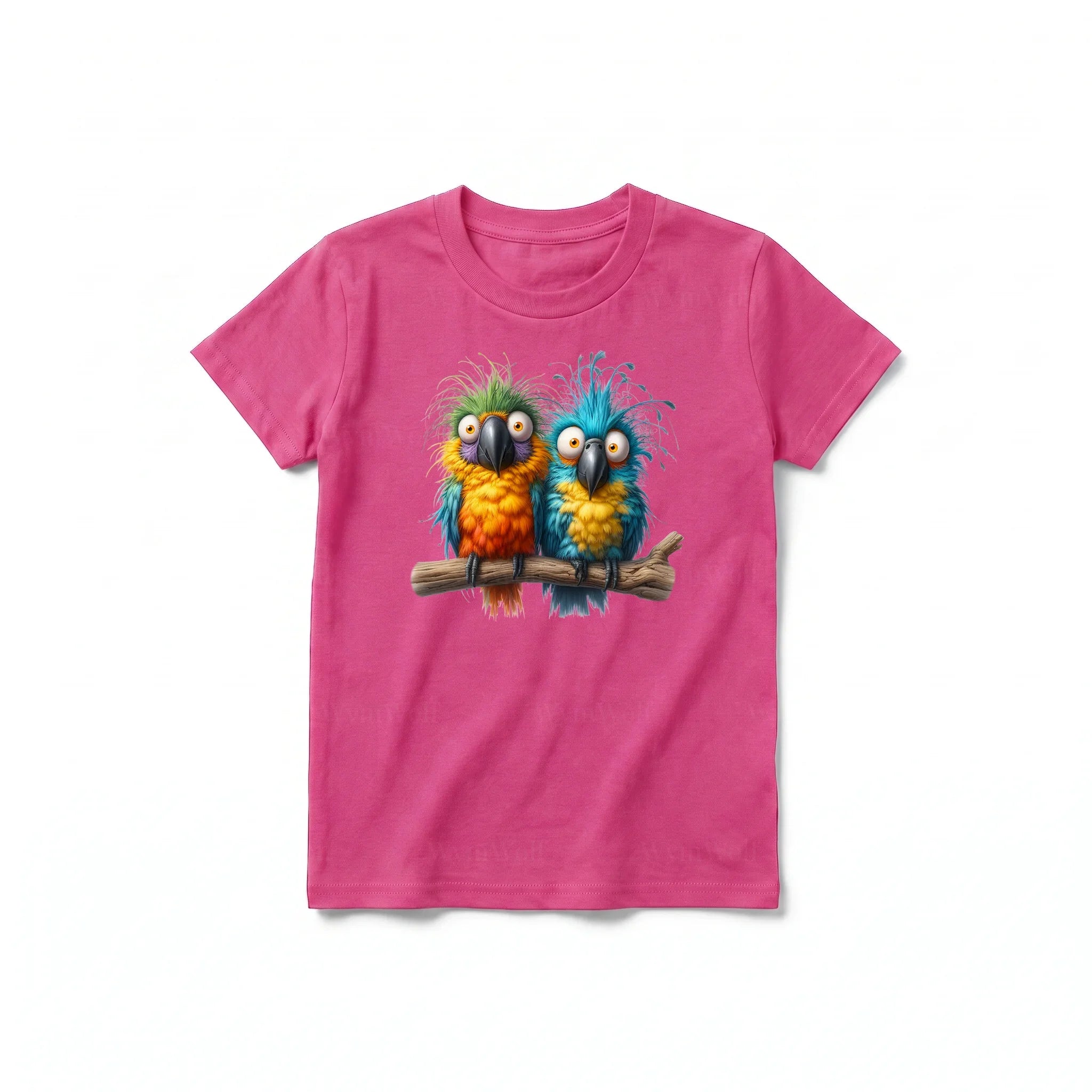 A raspberry short-sleeve crewneck t-shirt for youth featuring a graphic of a quirky bird on the front.