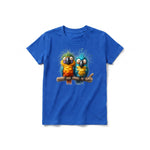Un T-shirt royal à manches courtes et col rond pour jeune, orné d'un motif représentant un oiseau excentrique sur le devant.