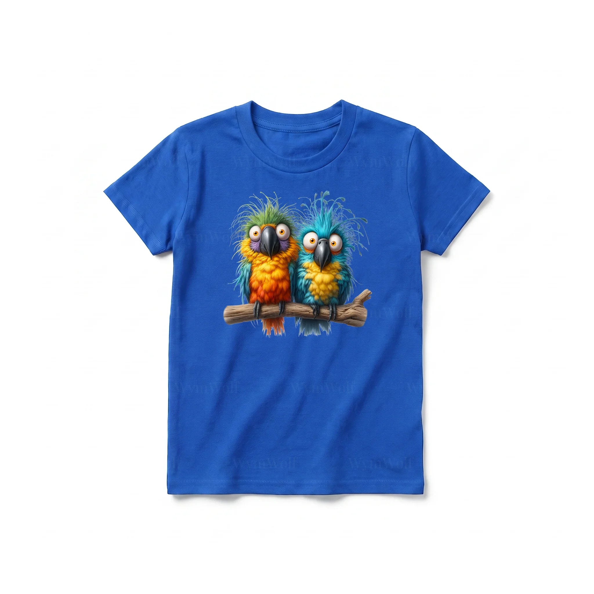 Un T-shirt royal à manches courtes et col rond pour jeune, orné d'un motif représentant un oiseau excentrique sur le devant.