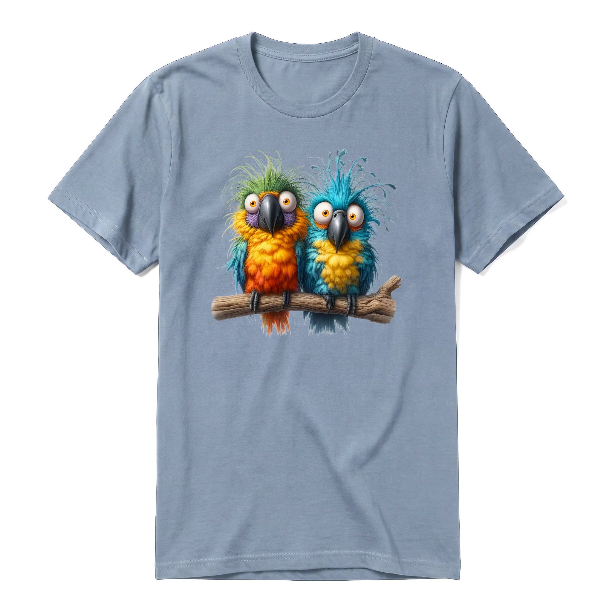 Un T-shirt steel-blue à manches courtes et col rond, orné d'un motif représentant un oiseau excentrique sur le devant.