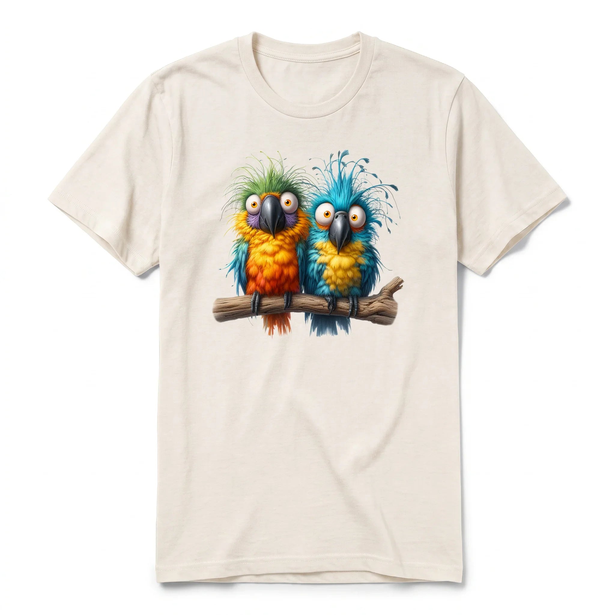 Un T-shirt blanc vintage à manches courtes et col rond, orné d'un motif représentant un oiseau excentrique sur le devant.