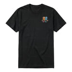 A black short-sleeve crewneck t-shirt for adult featuring a graphic of a quirky bird on the left chest.