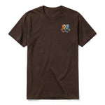 A chocolate short-sleeve crewneck t-shirt for adult featuring a graphic of a quirky bird on the left chest.