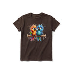A chocolate short-sleeve crewneck t-shirt for youth featuring a graphic of a quirky bird on the front.