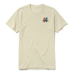A latte short-sleeve crewneck t-shirt for adult featuring a graphic of a quirky bird on the left chest.