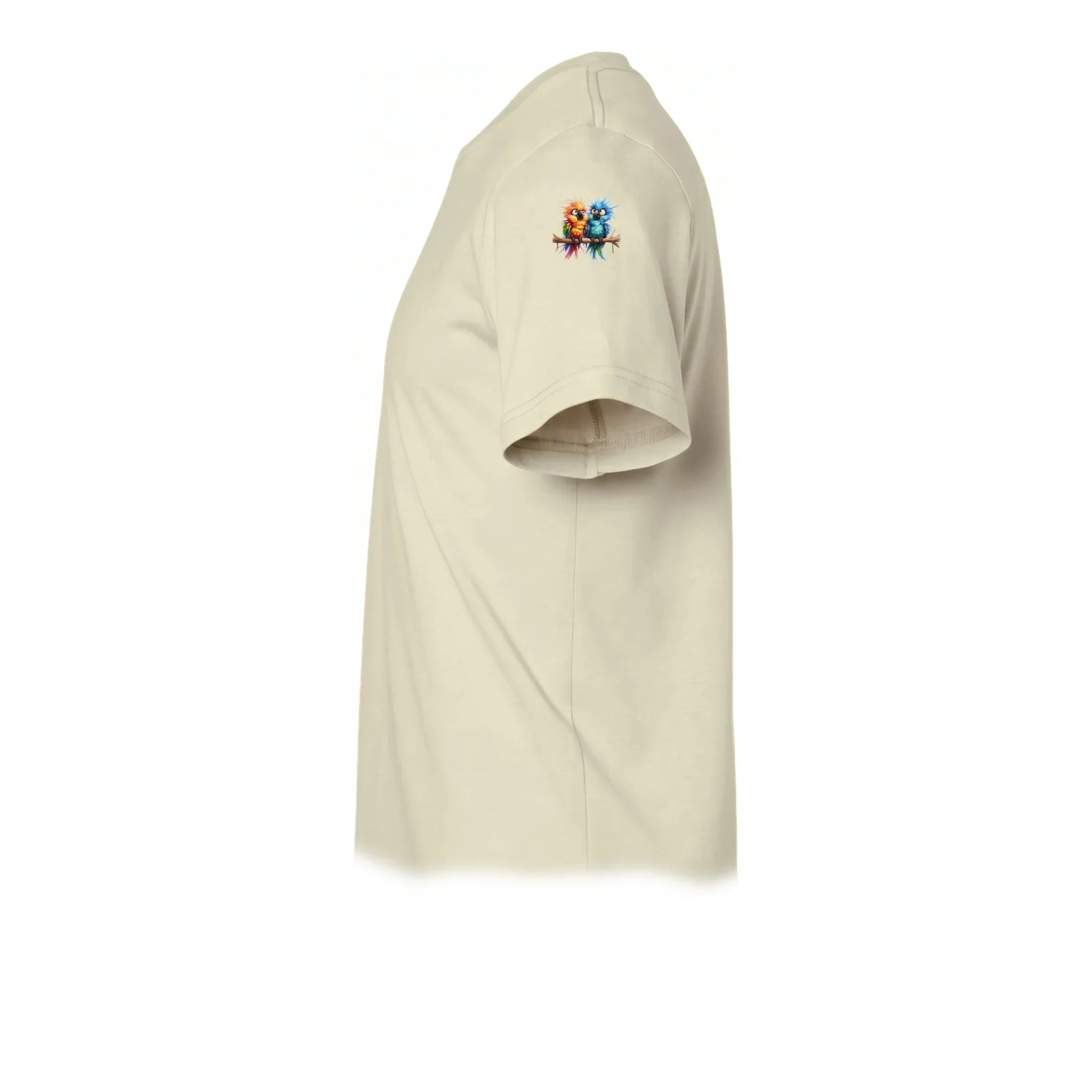 A latte short-sleeve crewneck t-shirt  featuring a small graphic of a quirky bird on the upper left sleeve.