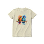 A latte short-sleeve crewneck t-shirt for youth featuring a graphic of a quirky bird on the front.