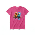 A raspberry short-sleeve crewneck t-shirt for youth featuring a graphic of a quirky bird on the front.