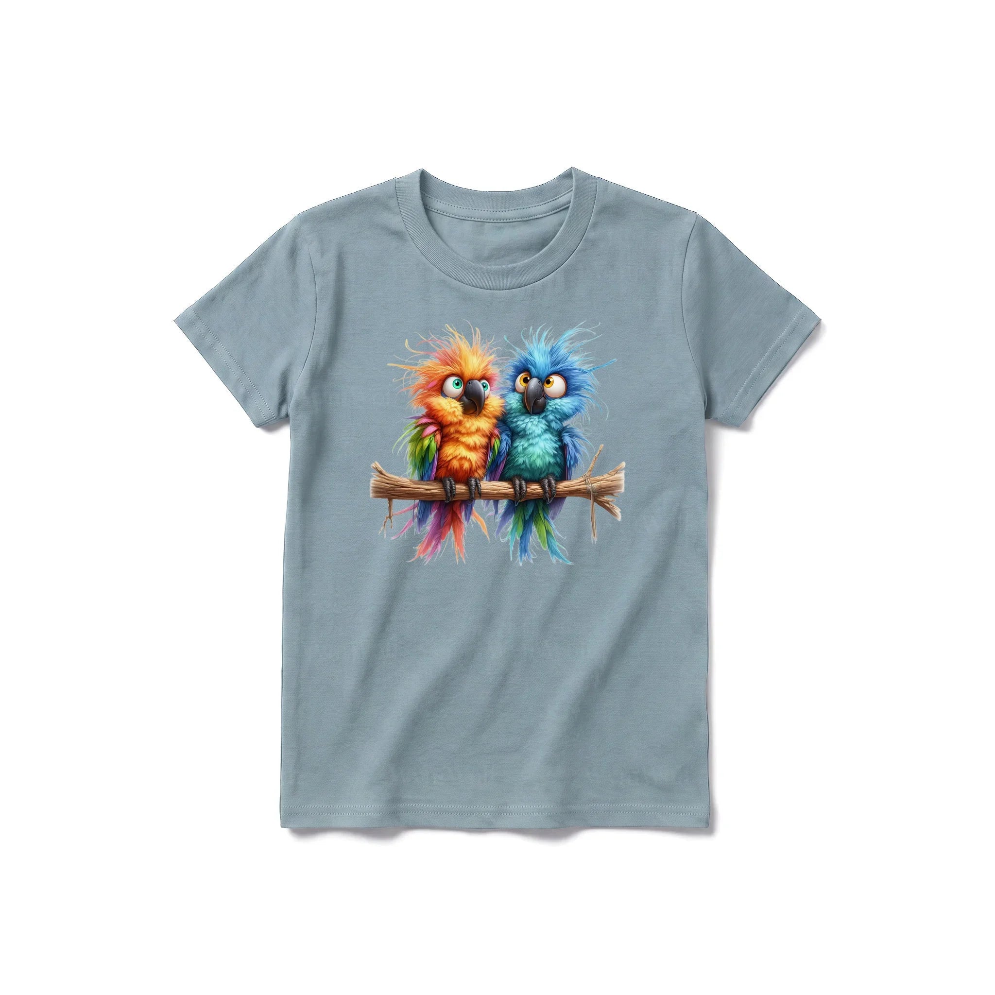 A sage short-sleeve crewneck t-shirt for youth featuring a graphic of a quirky bird on the front.