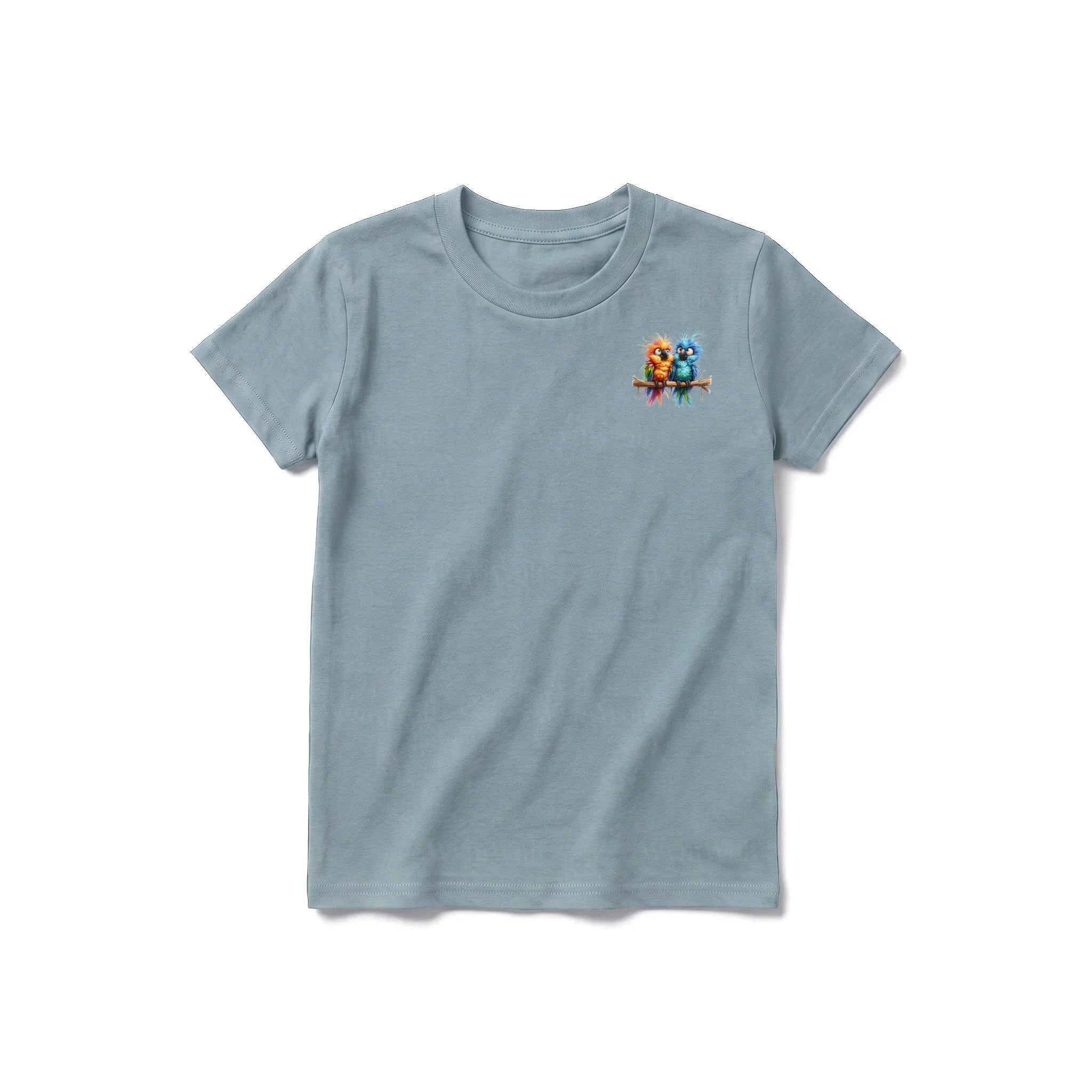 A sage short-sleeve crewneck t-shirt for youth featuring a graphic of a quirky bird on the left chest.