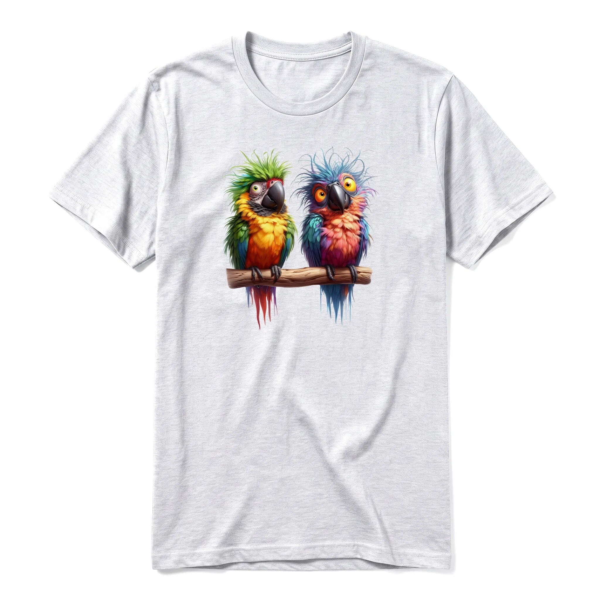 Un T-shirt gris cendré à manches courtes et col rond, orné d'un motif représentant un oiseau excentrique sur le devant.