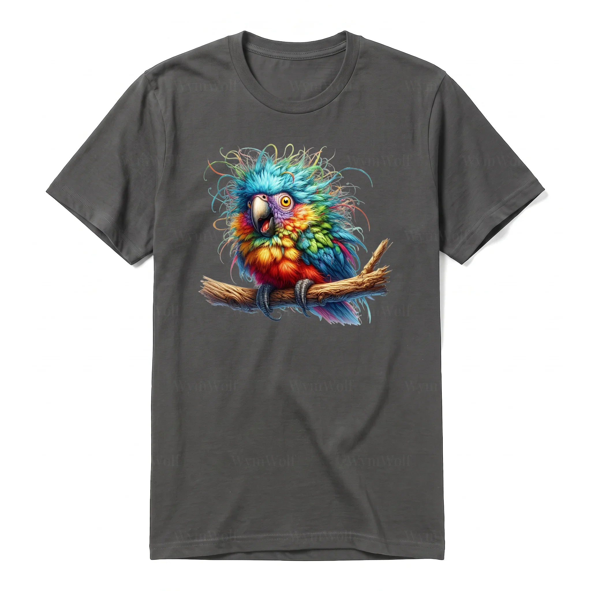 Un T-shirt charbon à manches courtes et col rond, orné d'un motif représentant un oiseau excentrique sur le devant.