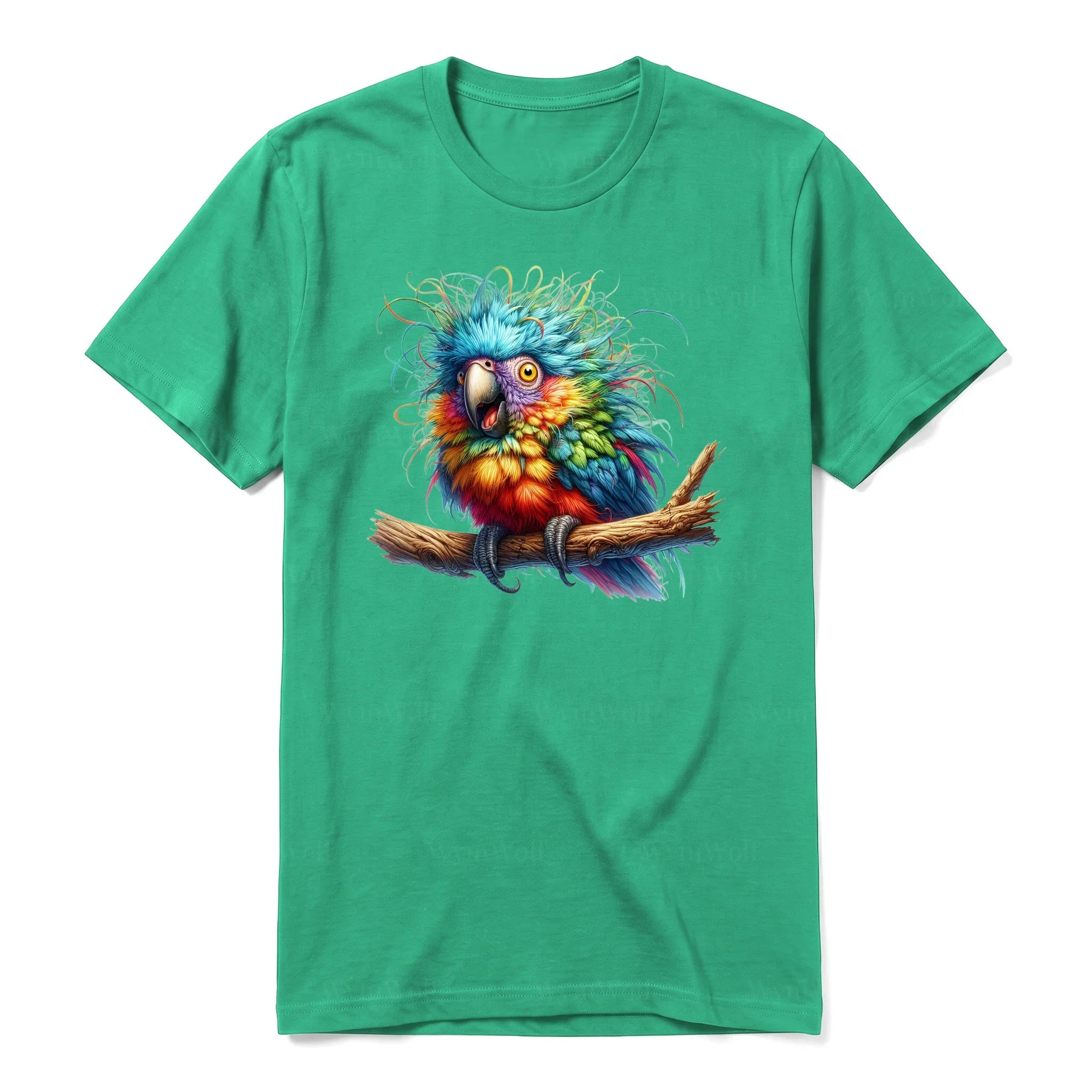 Un T-shirt kelly à manches courtes et col rond, orné d'un motif représentant un oiseau excentrique sur le devant.