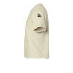 A latte short-sleeve crewneck t-shirt  featuring a small graphic of a quirky bird on the upper left sleeve.