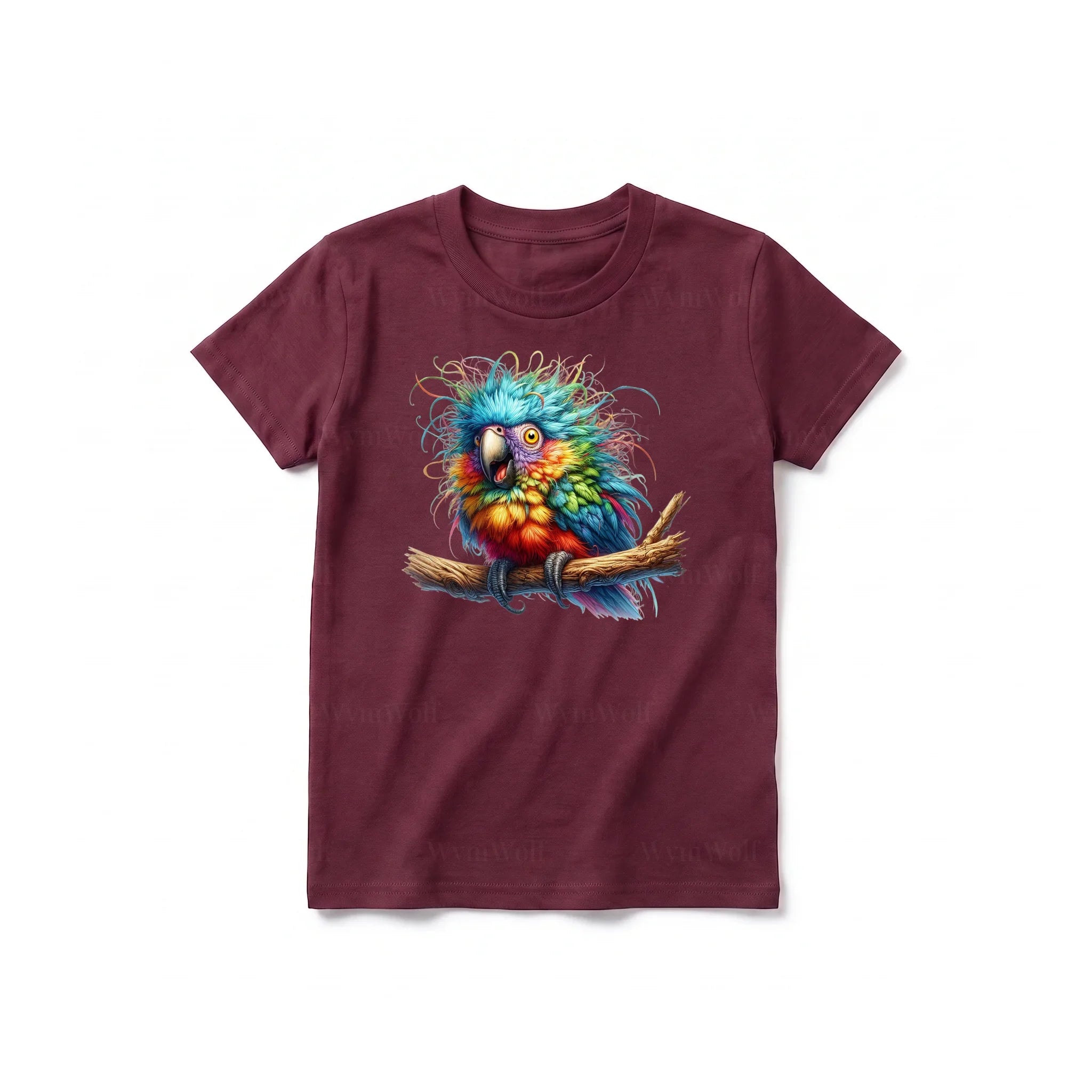 A maroon short-sleeve crewneck t-shirt for youth featuring a graphic of a quirky bird on the front.