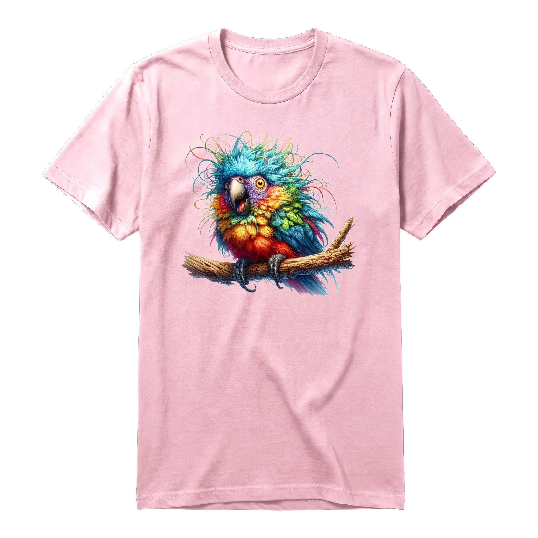 Un T-shirt rose à manches courtes et col rond, orné d'un motif représentant un oiseau excentrique sur le devant.