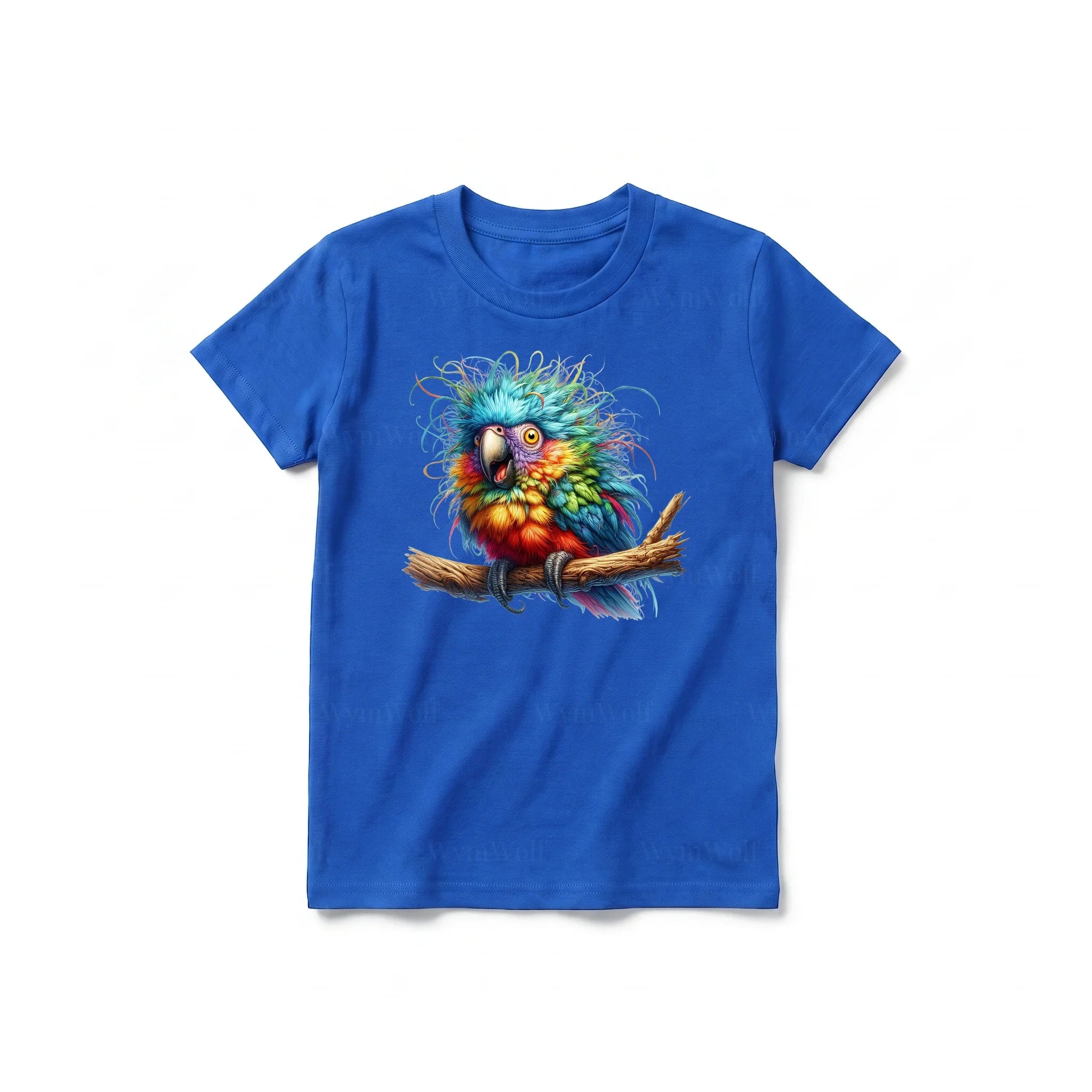Un T-shirt royal à manches courtes et col rond pour jeune, orné d'un motif représentant un oiseau excentrique sur le devant.