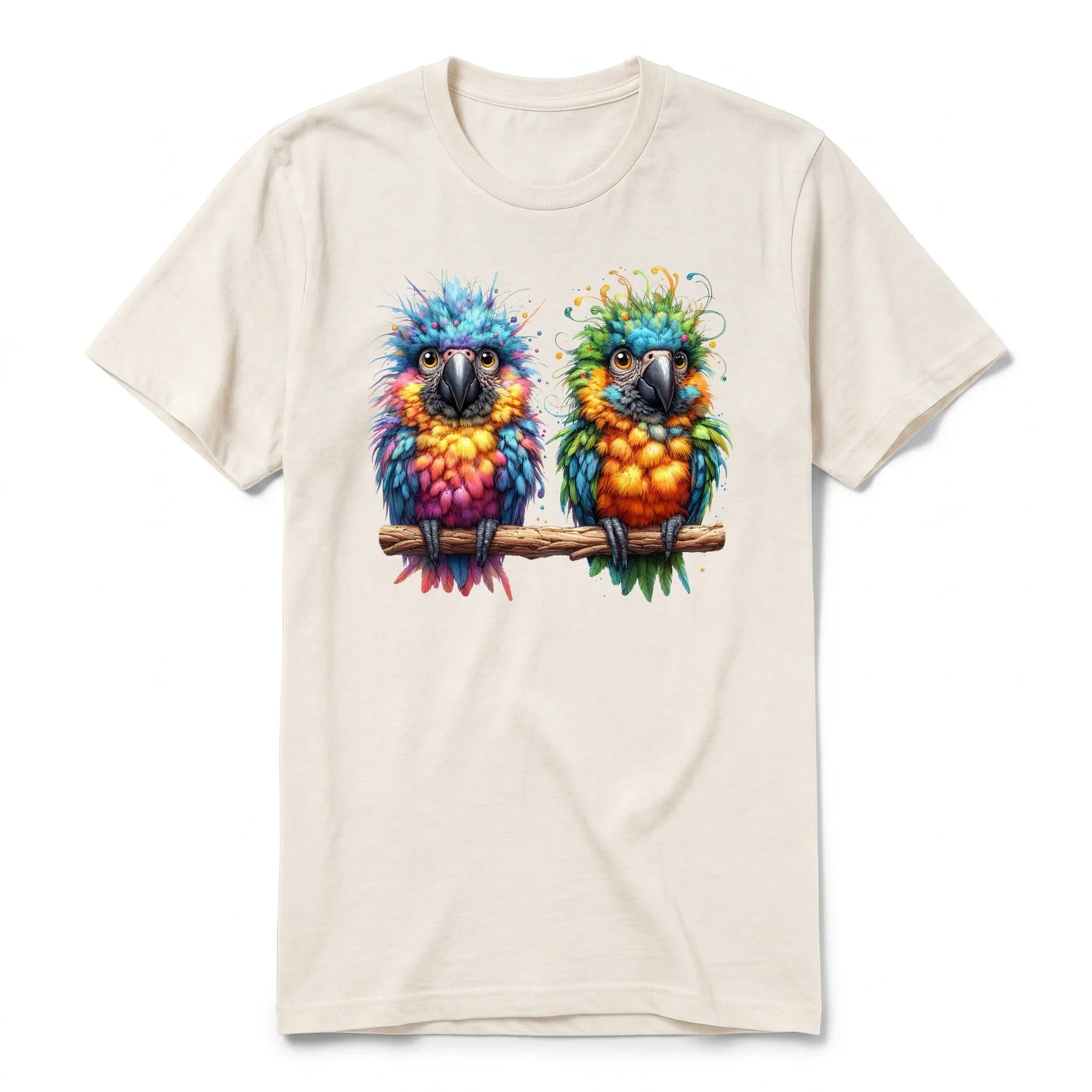 A vintage-white short-sleeve crewneck t-shirt for adult featuring a graphic of a quirky bird on the front.