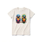 A vintage-white short-sleeve crewneck t-shirt for youth featuring a graphic of a quirky bird on the front.