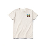 A vintage-white short-sleeve crewneck t-shirt for youth featuring a graphic of a quirky bird on the left chest.