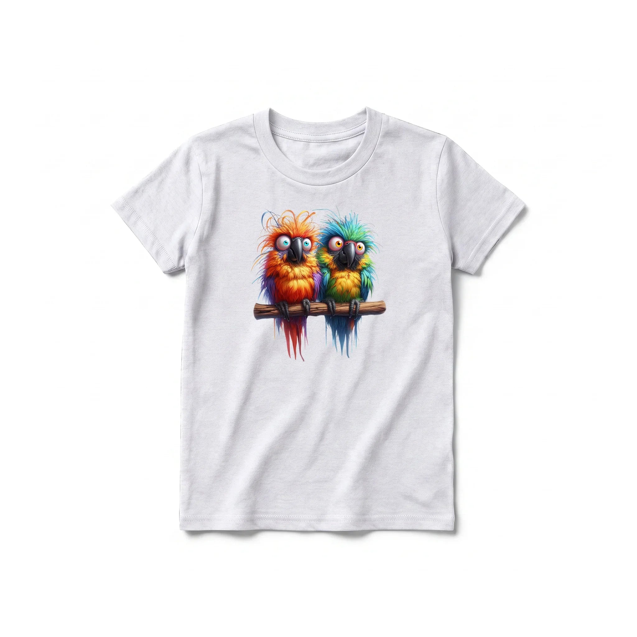 A ash grey short-sleeve crewneck t-shirt for youth featuring a graphic of a quirky bird on the front.