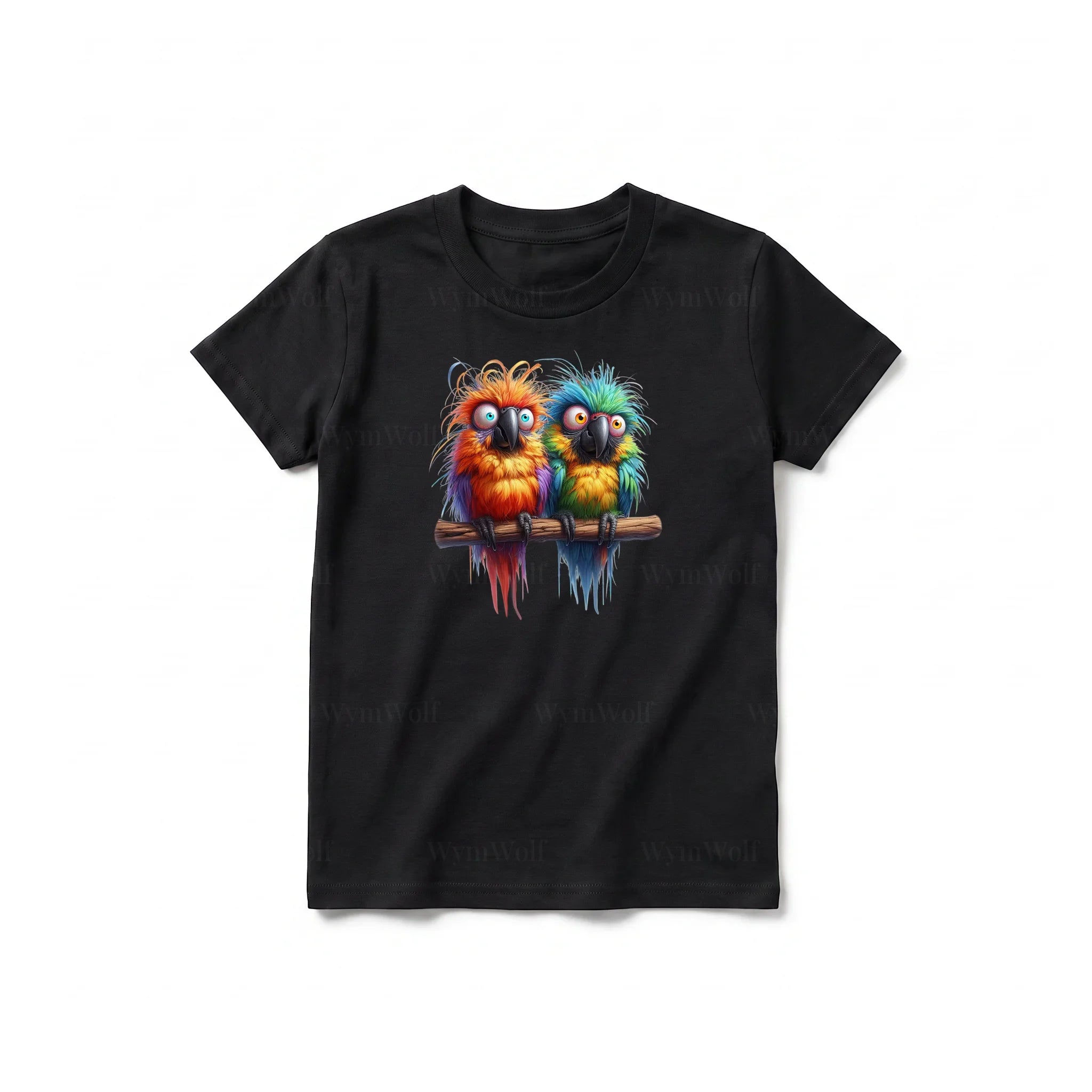 Un T-shirt noir à manches courtes et col rond pour jeune, orné d'un motif représentant un oiseau excentrique sur le devant.