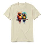 A latte short-sleeve crewneck t-shirt for adult featuring a graphic of a quirky bird on the front.