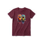 A maroon short-sleeve crewneck t-shirt for youth featuring a graphic of a quirky bird on the front.
