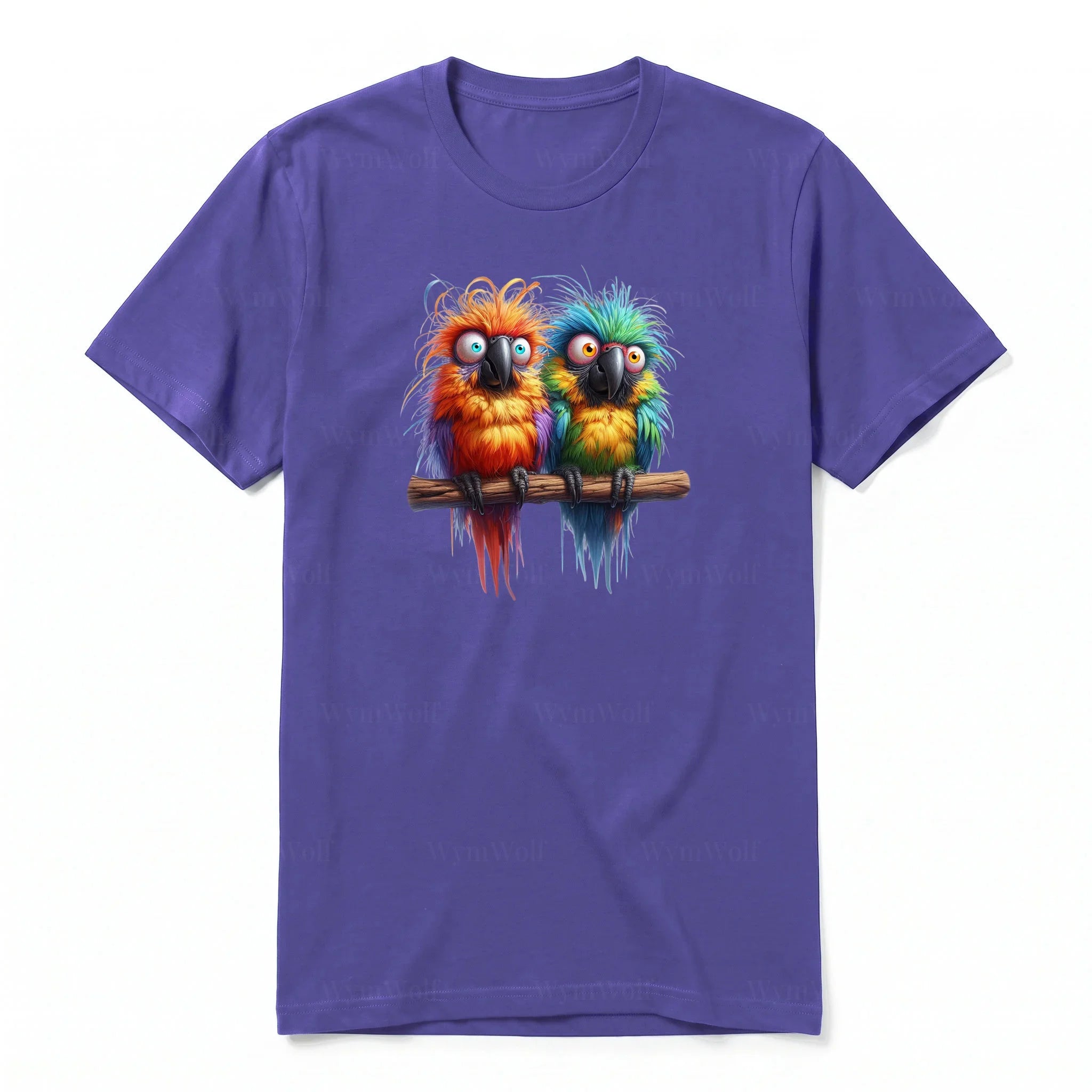 A purple short-sleeve crewneck t-shirt for adult featuring a graphic of a quirky bird on the front.