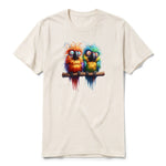 A vintage-white short-sleeve crewneck t-shirt for adult featuring a graphic of a quirky bird on the front.