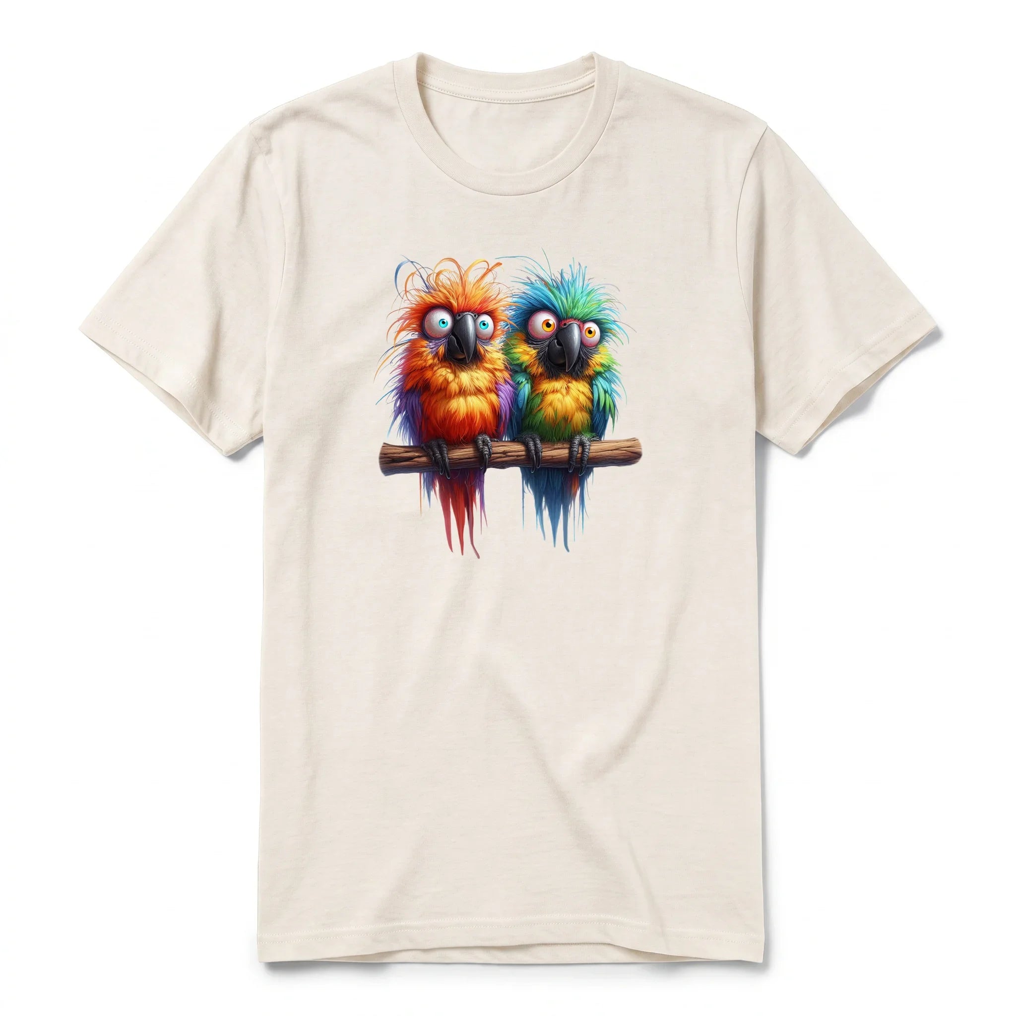 A vintage-white short-sleeve crewneck t-shirt for adult featuring a graphic of a quirky bird on the front.